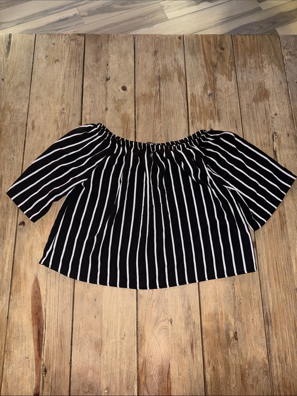 Fashion Nova Black and White Striped Off-Shoulder Blouse